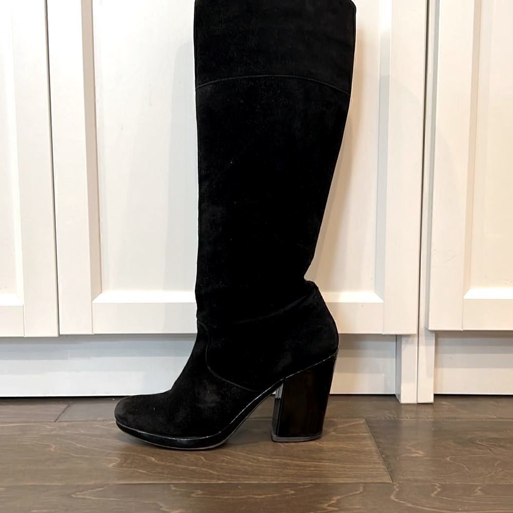 Robert Clergerie Black Boots Chunky Heel Suede Patent Leather Platform 6.5